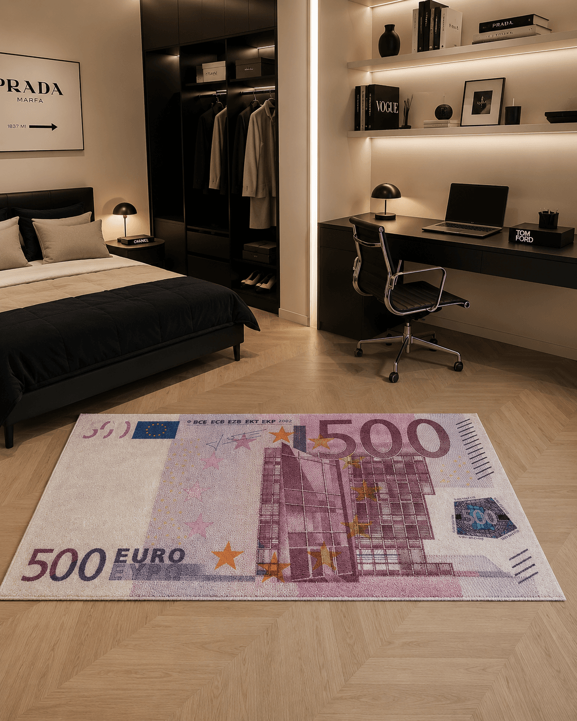 €500 banknote hand-tufted rug on a parquet floor